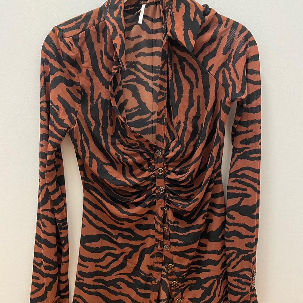 Free People Zebra Collared Mesh Button Down